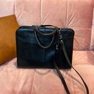 L'INTERVALLE Black Leather Laptop Bag with Strap - Length 15inches